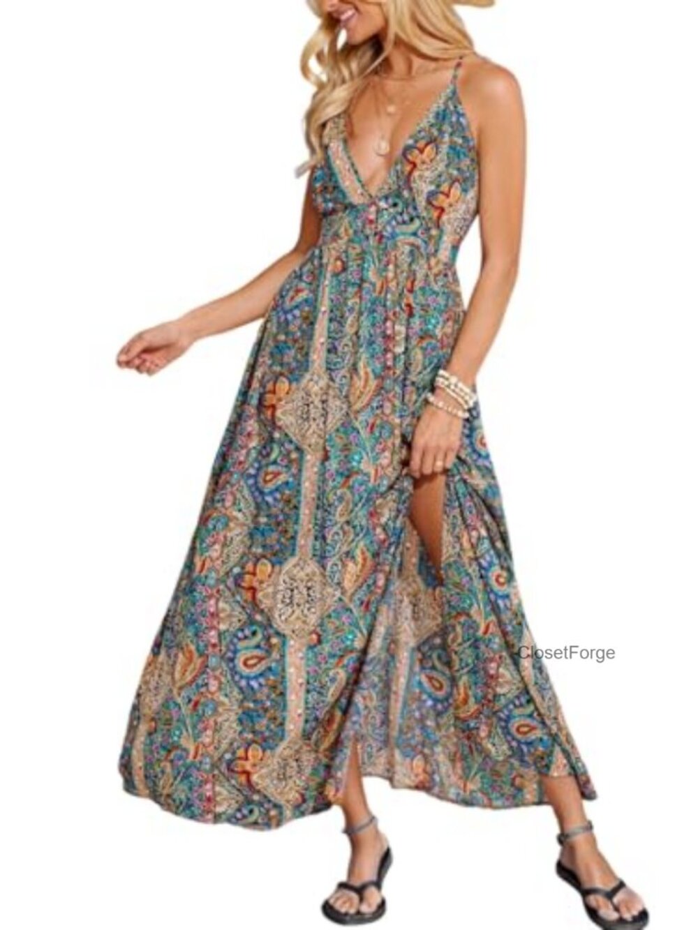 Boho Paisley Deep V-Neck Sleeveless High Slit Maxi Dress